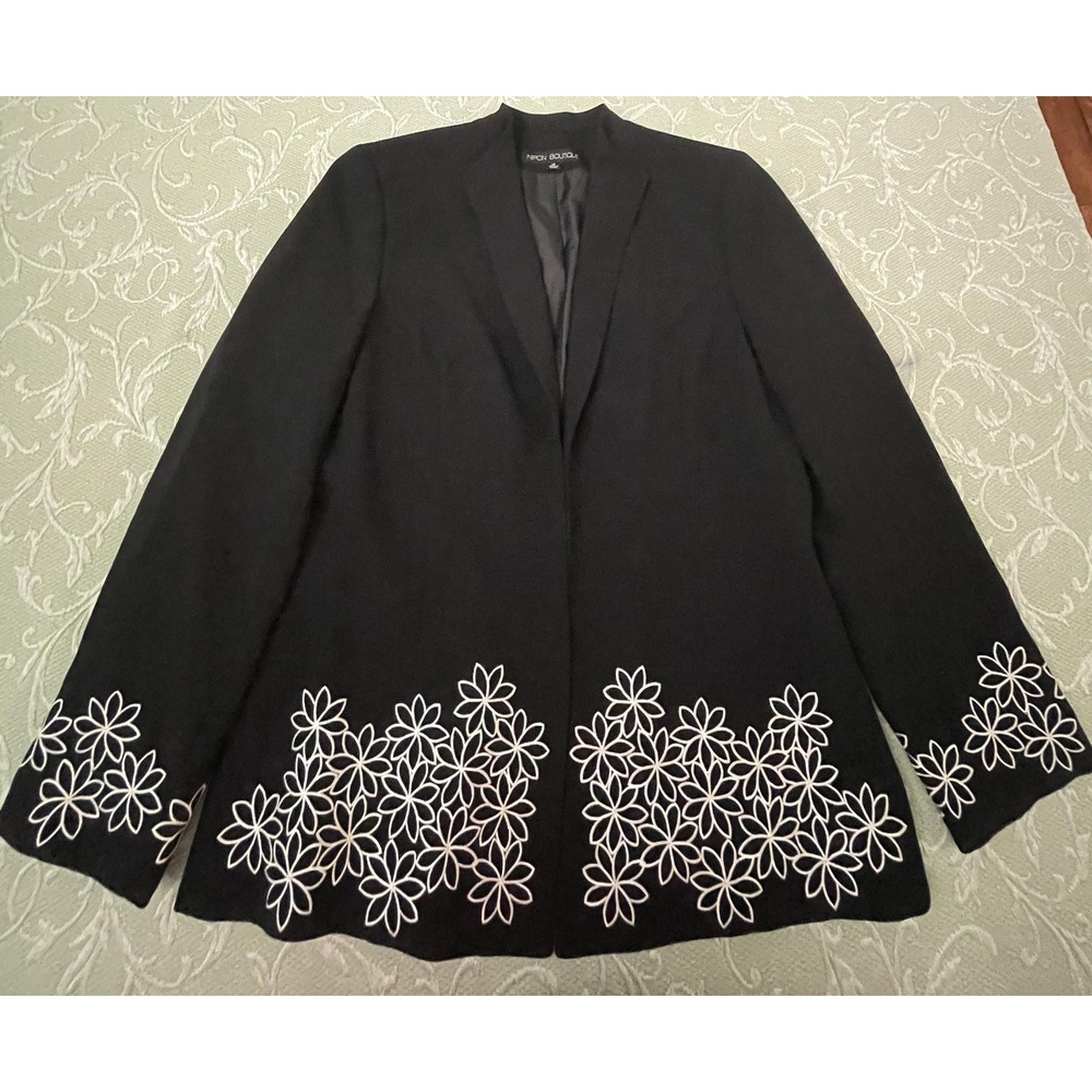Nipon Boutique Blazer Womens 14 Black White Floral Embroidered Open Jacket Lined